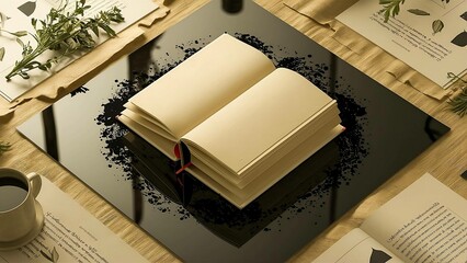 An open book on a table with coffee and papers, perfect for studying or working