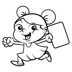 Cute Little Girl cartoon characters running while carrying a tablet phones. Best for outline, logo, and coloring book with parenting themes
