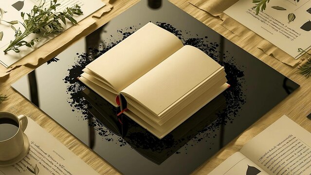 An open book on a table with coffee and papers, perfect for studying or working