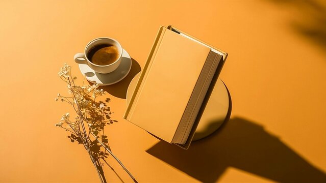 an orange background with a coffee cup and a book placed on top
