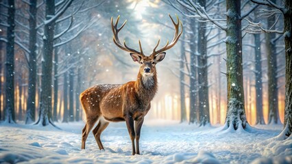 A rare white deer, a stag with majestic antlers, stands out in the snowy winter forest