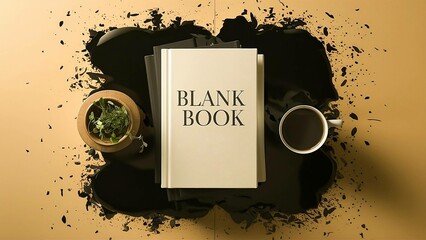 A blank book with coffee and herbs on a brown background, creating a cozy and rustic atmosphere