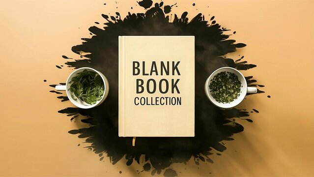 A blank book with coffee and green tea on a beige background, perfect for a cozy reading session - Powered by Adobe