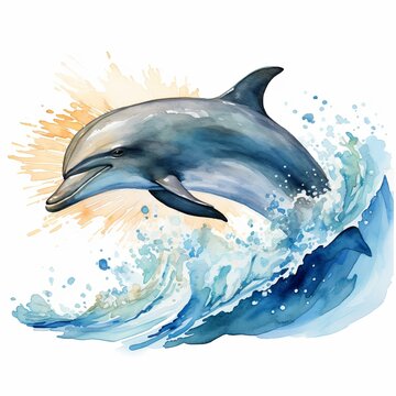 recommend clip art: A jumping dolphin watercolor clipart illustration on white background
