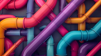 Colorful pipes of varying sizes and shapes arranged in an abstract pattern, representing the concept of water flow through menu system designs. 
