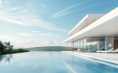 Fototapeta premium Perspective of luxury modern house with swimming pool in day time on green lake background, blue sky, Idea of minimal modern architecture design. 3D rendering
