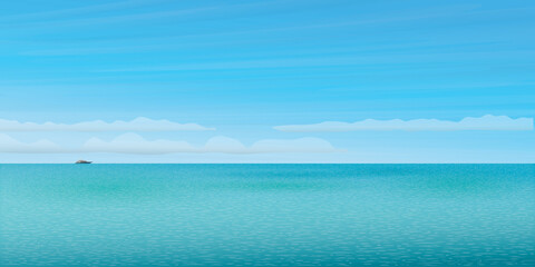 Tropical blue sea with yacht at the horizon have blue sky background vector illustration. Seascape concept side view flat design have blank space.