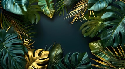 Luxury gold and green tropical leaves on a dark background banner with copy space, in the style of a vector illustration. 

