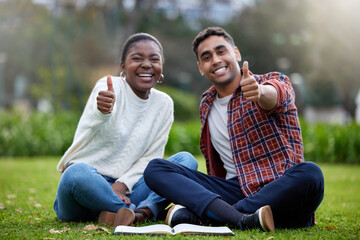 Portrait, students and friends with thumbs up, park or relax on grass, knowledge or promotion for...