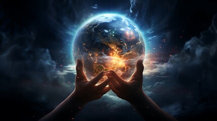 A digital painting of Earth with hands reaching out to protect it from harm for Earth Day.
