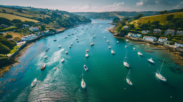 Drone footage taken over the Kingsbridge Estuary in Salcombe, South Hams, Devon, England, revealing Snapes Point and Salcombe Harbour