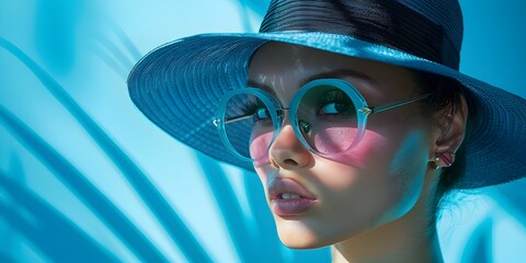 Captivating Fashion Portrait of Stylish Woman in Chic Hat and Sunglasses Posing in Dramatic Studio Lighting