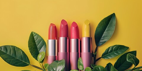 Vegan Lipstick Collection with Vibrant Colors and Finishes Displayed on Natural Leaves
