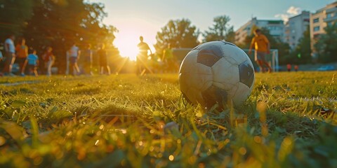 Soccer Ball on Grassy Field at Sunset with Sports and Recreation Theme
