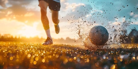 Determined Athlete Kicks Soccer Ball Through Glimmering Grass Field at Sunset Symbolic of Perseverance and Triumph in Sports and Life