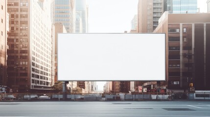 A large white billboard sits in the middle of a city street
