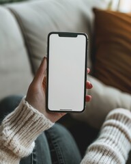 a woman sitting on the couch with her phone in her hands - smartphone mock-up template