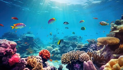 Fototapeta premium Tropical fish in the underwater, coral reef, amazing underwater life, various fish and exotic coral reefs, ocean wild creatures background