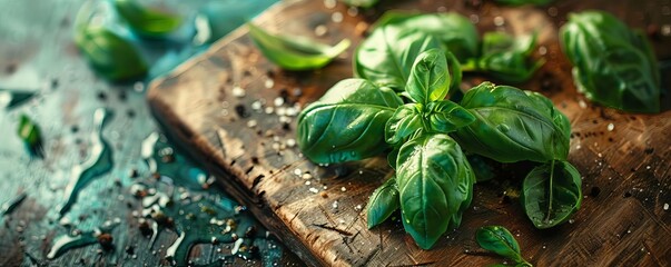 Detailed shot of fresh basil leaves on a rustic kitchen board, vibrant green tones suggesting freshness
