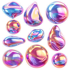  holographic liquid blob shapes set isolated. Y2K iridescent metallic drops or colorful bubbles isolated white