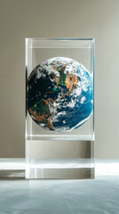The earth is contained in an acrylic box, light