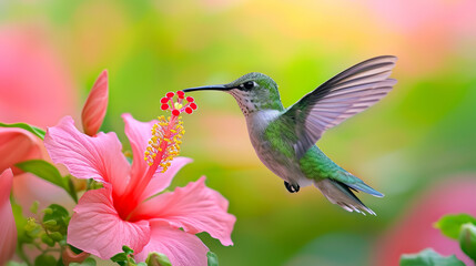 The enchanting hummingbird, adorned with delicate jewels, hovers amidst tropical blooms.