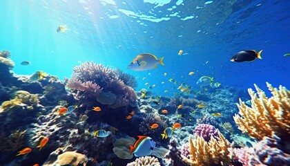 Tropical fish in the underwater, coral reef, amazing underwater life, various fish and exotic coral reefs, ocean wild creatures background