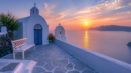Sunrise on the Caldera and the Church of Agios Minas