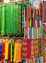 Handmade strands of colorful beads at an outdoor market in Kathmandu, Nepal