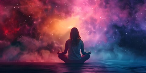 Silhouette of a Person Meditating in a Cosmic Landscape with Glowing Nebula and Auroras Reflecting in the Water