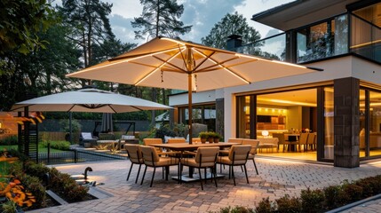 A large garden umbrella the terrace of an outdoor dining area in front of a modern home