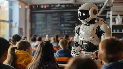 Obraz premium Represent a classroom of the future, where an AI teacher using machine learning adapts lessons to suit each student s learning style