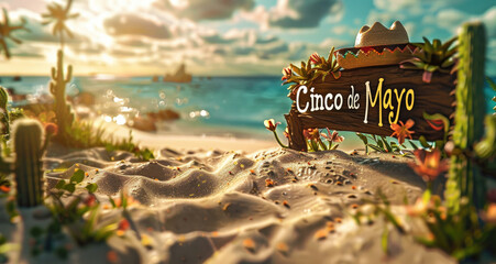 Cinco De Mayo celebration text with a cactus wearing a mexican sombrero, a celebration of mexican culture, beach party.
