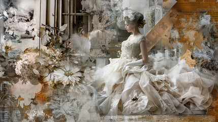 Ethereal Bride in a Surreal Collage with Vintage Elements