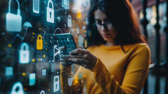 woman holding her smartphone, with digital security icons floating around it and padlock symbols on the screen  symbolizes advanced online data protection and cyber security