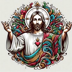 A colorful drawing of a jesus christ with his arms out photo lively card design illustrator.