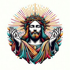 A colorful drawing of a jesus christ with his hands in the air harmony lively used for printing card design illustrator.