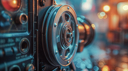 Vivid close-up of an old-fashioned film projector reel with intricate details, highlighted by colorful bokeh lights in a dark setting