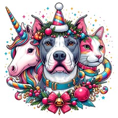 A dog and cat with a unicorn and a hat image art photo has illustrative meaning used for printing illustrator.
