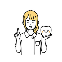 Obraz premium 歯について説明する歯医者、歯科衛生士の女性のイラスト