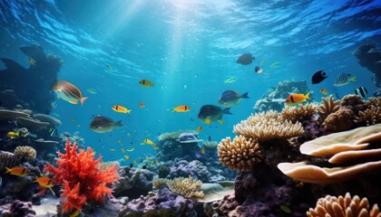 Tropical fish in the underwater, coral reef, amazing underwater life, various fish and exotic coral reefs, ocean wild creatures background