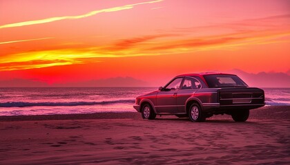 car on the beach, car on the beach sunset car parked on the beach with beautiful vibrant red sunset sky, summer road trip travel