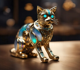 mechanical cat made out of brass and opalescent glass