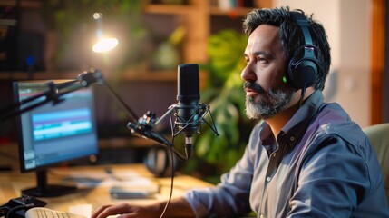 Hispanic male podcaster speaking into a microphone in a warmly lit home studio, focusing on delivering quality content