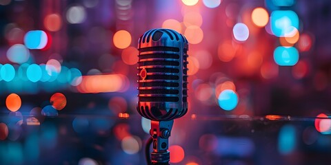Vintage Microphone in Vibrant Neon Lights Podcast Studio Setup in Futuristic Sci Fi Atmosphere