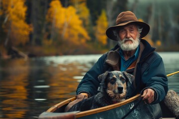A serene scene of an elderly Caucasian man canoeing with his dog in a lake surrounded by autumn foliage