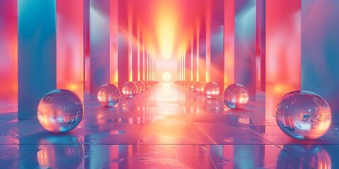 Retro futuristic Corridor of Luminous Spheres and Geometric Reflections in a Mesmerizing Sci Fi...