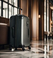 A vacation travel suitcase in the lobby of a luxury hotel
