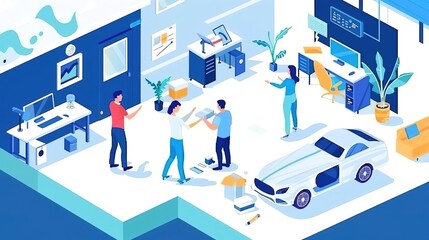 isometric illustration of a modern office space with people working on a car project.