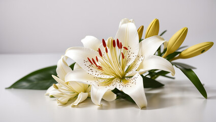 close-up of a bouquet of white lilies with red and yellow stamen
